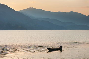 Image showing Boats on Phewa Lake at sunset