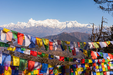 Image showing Kanchenjunga Mountain and prayer flags