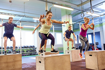 Image showing group of people doing box jumps exercise in gym