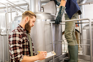 Image showing men with clipboard at craft brewery or beer plant