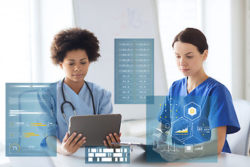 Image showing doctors with tablet pc and clipboard at hospital