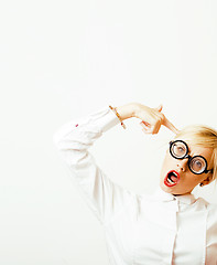 Image showing bookworm, cute young blond woman in glasses, blond hair, teenage