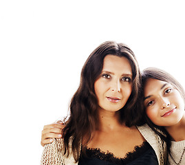 Image showing cute pretty teen daughter with mature mother hugging, fashion st