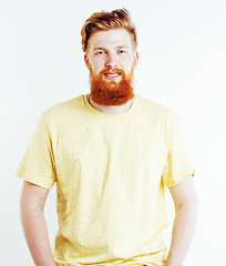 Image showing portrait of young bearded hipster guy smiling on white background close up isolated, lifestyle real modern people concept