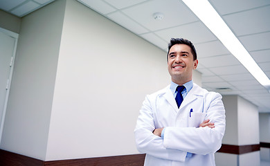 Image showing smiling doctor at hospital corridor