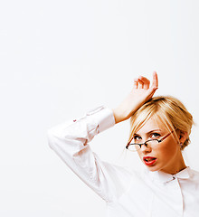 Image showing very emotional businesswoman in glasses, blond hair on white bac