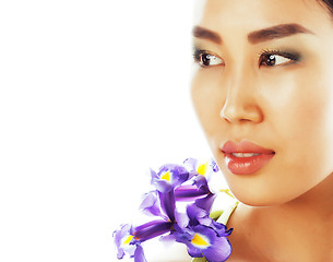 Image showing young pretty asian woman with flower orchid close up isolated sp