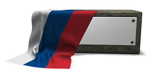 Image showing stone socket with blank sign and flag of russia - 3d rendering