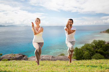 Image showing smiling couple making yoga exercises outdoors