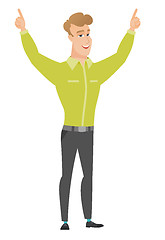 Image showing Businessman standing with raised arms up.