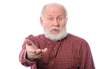 Image showing Senior man making claims, isolated on white