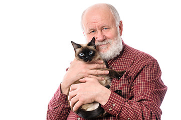 Image showing Cheerfull senior man with cat isolated on white