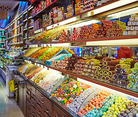 Image showing Traditional turkish delights sweets at the Grand Bazaar in Istanbul, Turkey.