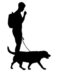 Image showing Silhouette of man and dog on a white background