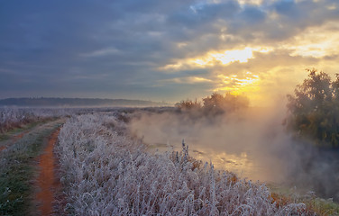 Image showing Foggy Sunrise Over The River