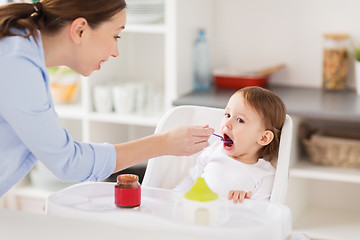 Image showing happy mother feeding baby with puree at home