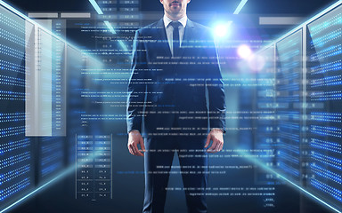 Image showing businessman with coding on virtual screen