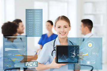 Image showing happy doctor with chart on tablet pc at hospital