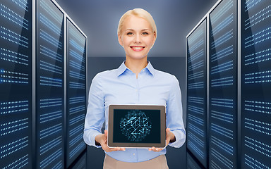 Image showing businesswoman with tablet pc over server room