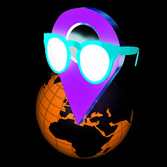 Image showing Glamour map pointer in sunglasses on Earth. 3d illustration