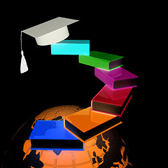 Image showing Earth of education with books around and graduation hat. Global 