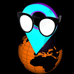 Image showing Glamour map pointer in sunglasses on Earth. 3d illustration