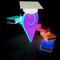 Image showing Pointer of education in graduation hat with books around. 3d ill