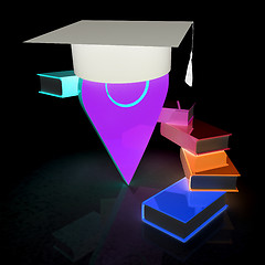 Image showing Pointer of education in graduation hat with books around. 3d ill