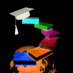 Image showing Earth of education with books around and graduation hat. Global 