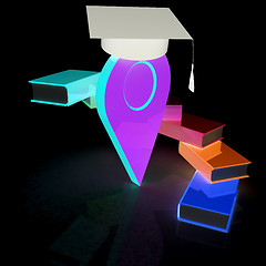 Image showing Pointer of education in graduation hat with books around. 3d ill