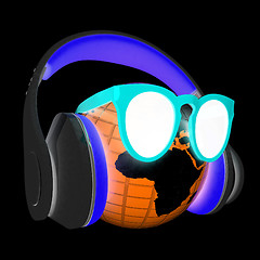 Image showing Earth planet with earphones and sunglasses. 3d illustration