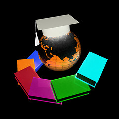 Image showing Earth of education with books around and graduation hat. Global 