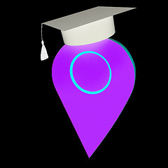 Image showing Geo pin with graduation hat on white. School sign, geolocation a