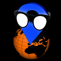 Image showing Glamour map pointer in sunglasses on Earth. 3d illustration