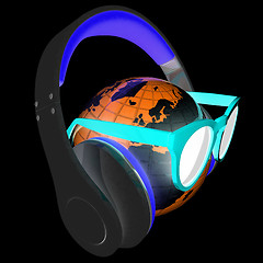 Image showing Earth planet with earphones and sunglasses. 3d illustration