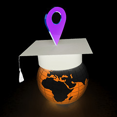 Image showing Geo pin with graduation hat on white. School sign, geolocation a