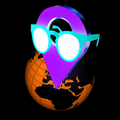 Image showing Glamour map pointer in sunglasses on Earth. 3d illustration