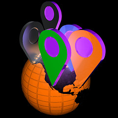 Image showing Planet Earth and map pins icon. Earth globe and colorful map lab