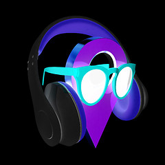 Image showing Glamour map pointer in sunglasses and headphones. 3d illustratio