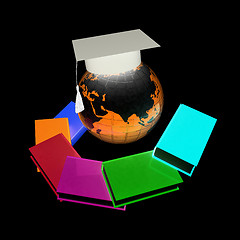 Image showing Earth of education with books around and graduation hat. Global 