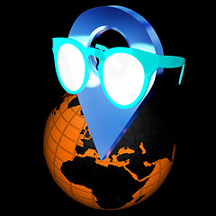 Image showing Glamour map pointer in sunglasses on Earth. 3d illustration