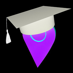 Image showing Geo pin with graduation hat on white. School sign, geolocation a