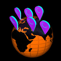 Image showing Planet Earth and map pins icon. Earth globe and colorful map lab