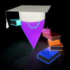 Image showing Pointer of education in graduation hat with books around. 3d ill