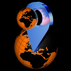 Image showing Planet Earth and golden map pins icon on Earth. 3d illustration.