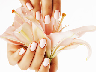 Image showing beauty delicate hands with manicure holding flower lily close up isolated on white