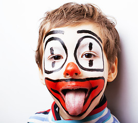 Image showing little cute boy with facepaint like clown, pantomimic expression