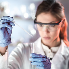 Image showing Young scientist pipetting in life science laboratory.