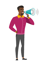 Image showing African businessman talking into loudspeaker.