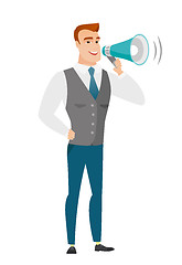 Image showing Caucasian businessman talking into loudspeaker.